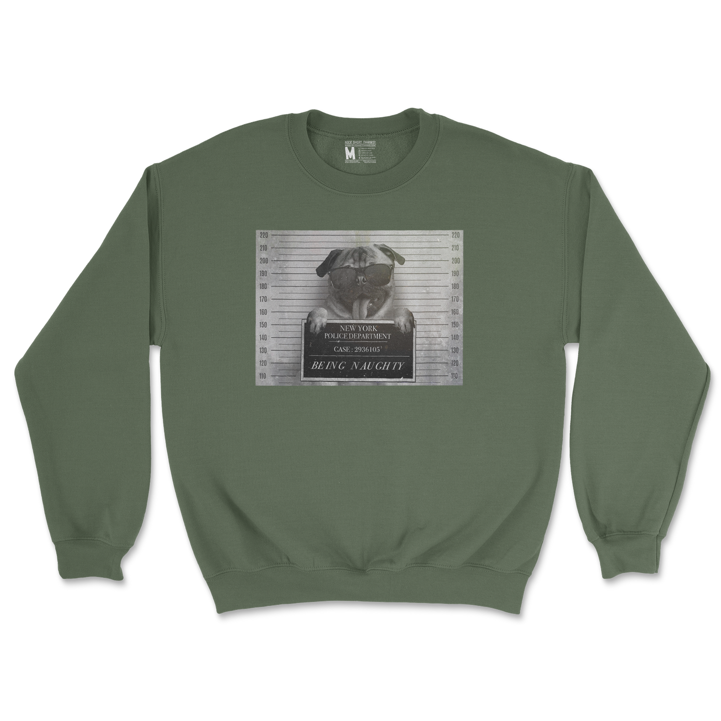 Gildan SoftStyle Crew Neck Naughty Pug in Military Green