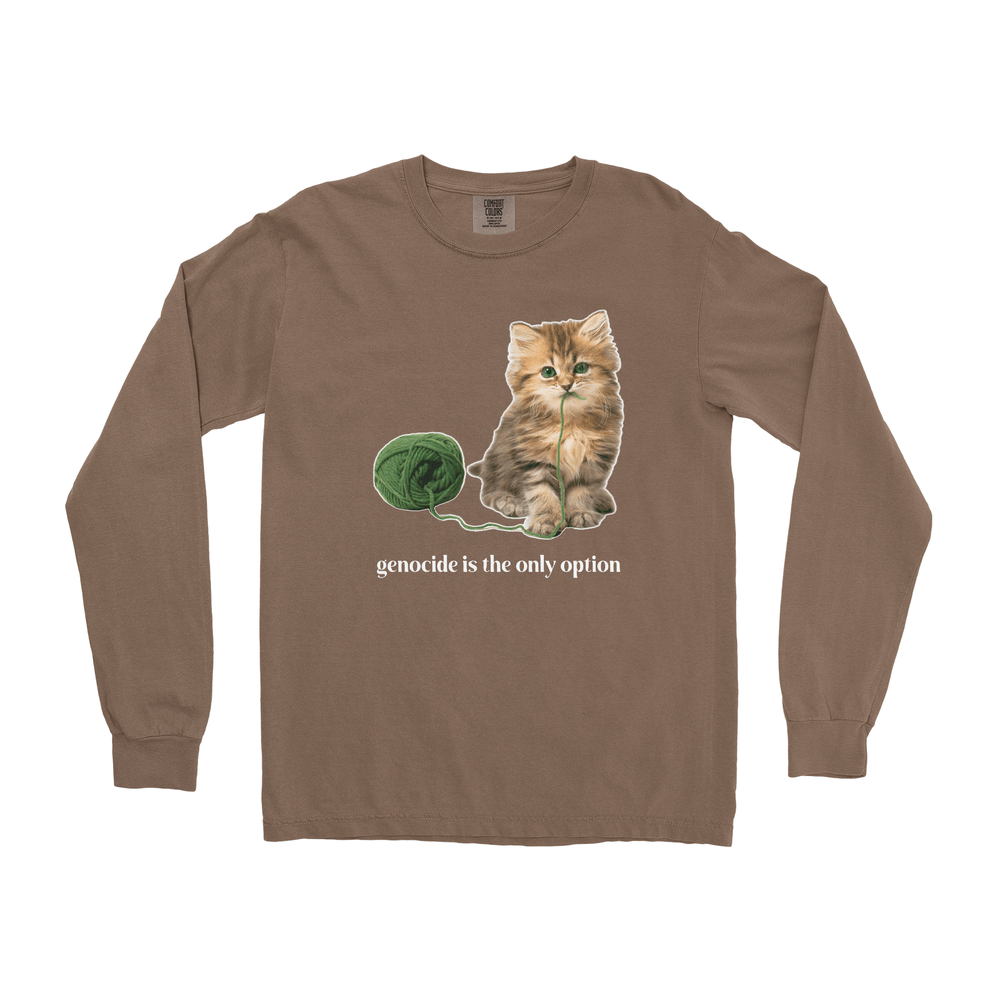 Comfort Colors Long Sleeve Genocide Kitty  in Espresso