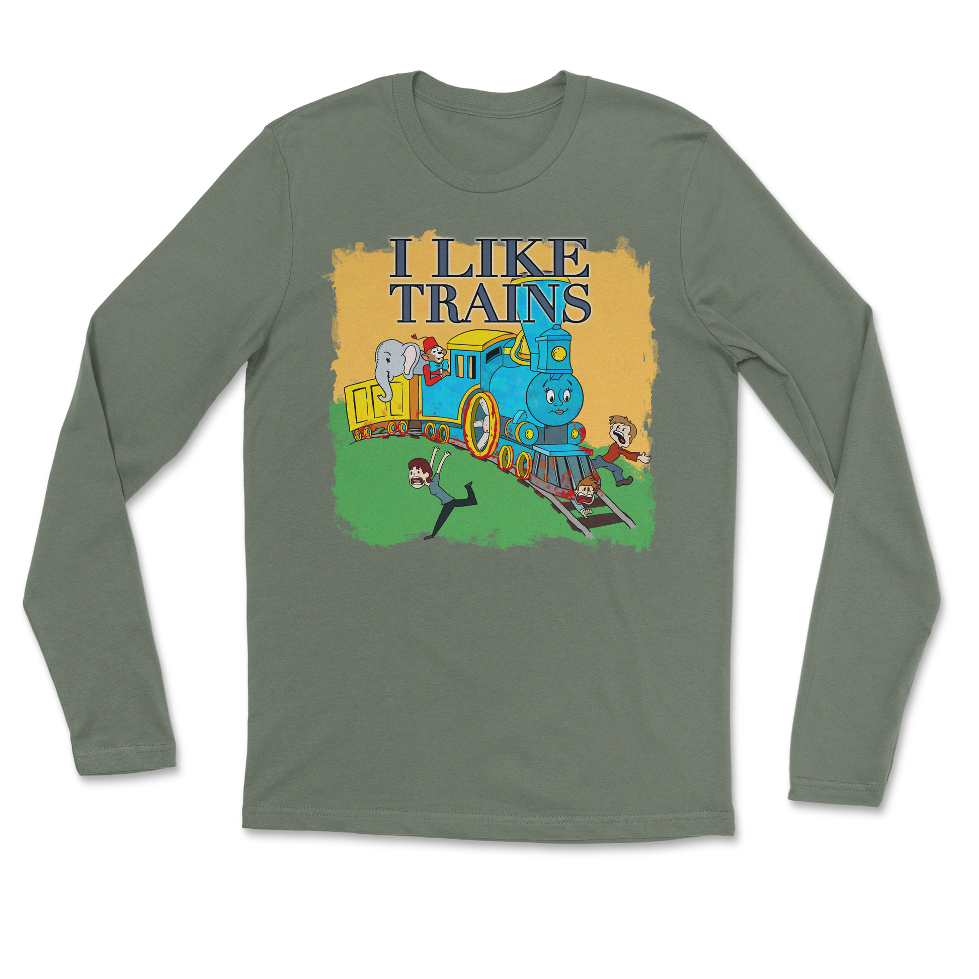 Heavy Blend Long Sleeve I Like Trains in Military Green