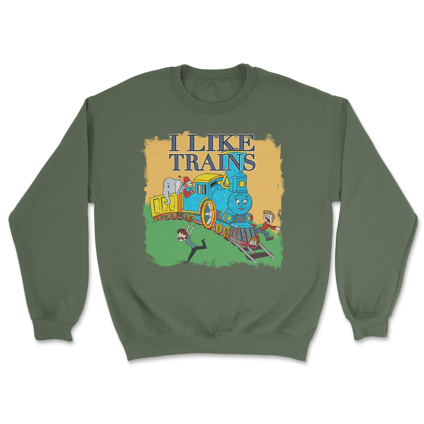 Heavy Blend Crew Neck I Like Trains in Military Green