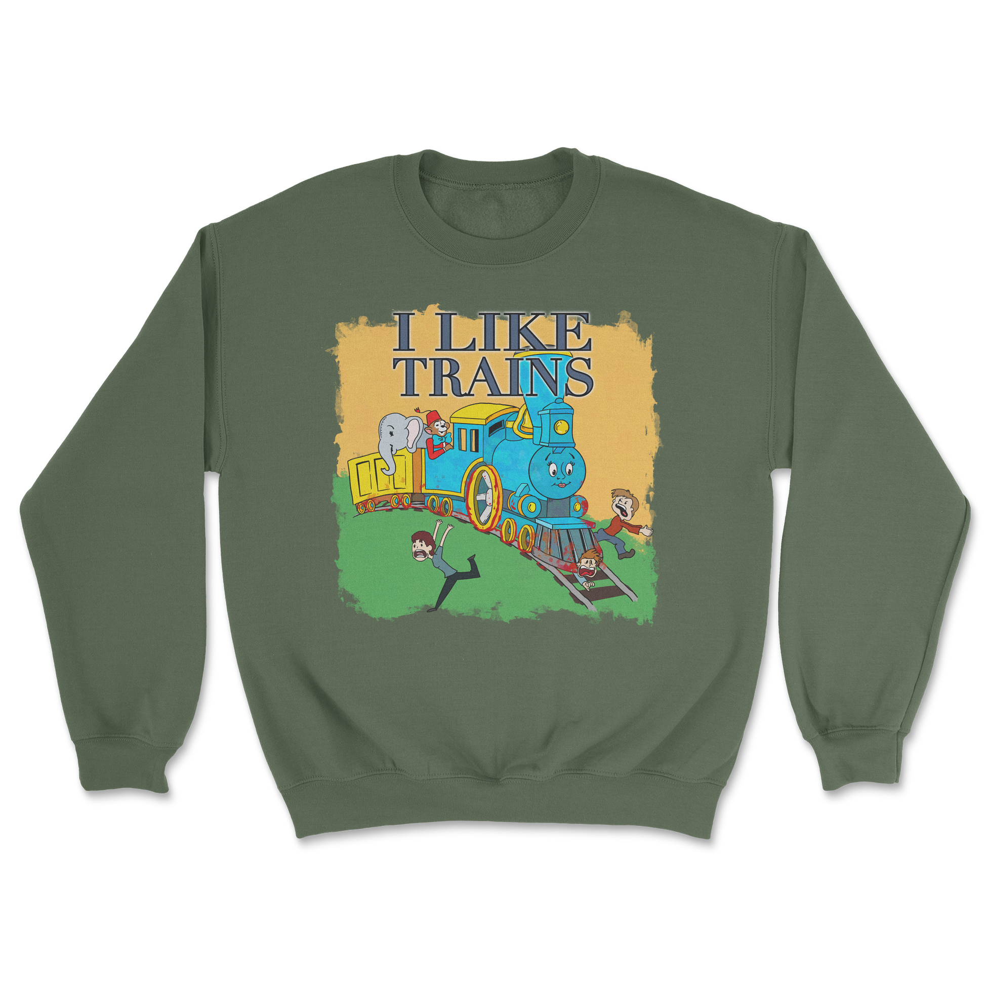 Heavy Blend Crew Neck I Like Trains in Military Green