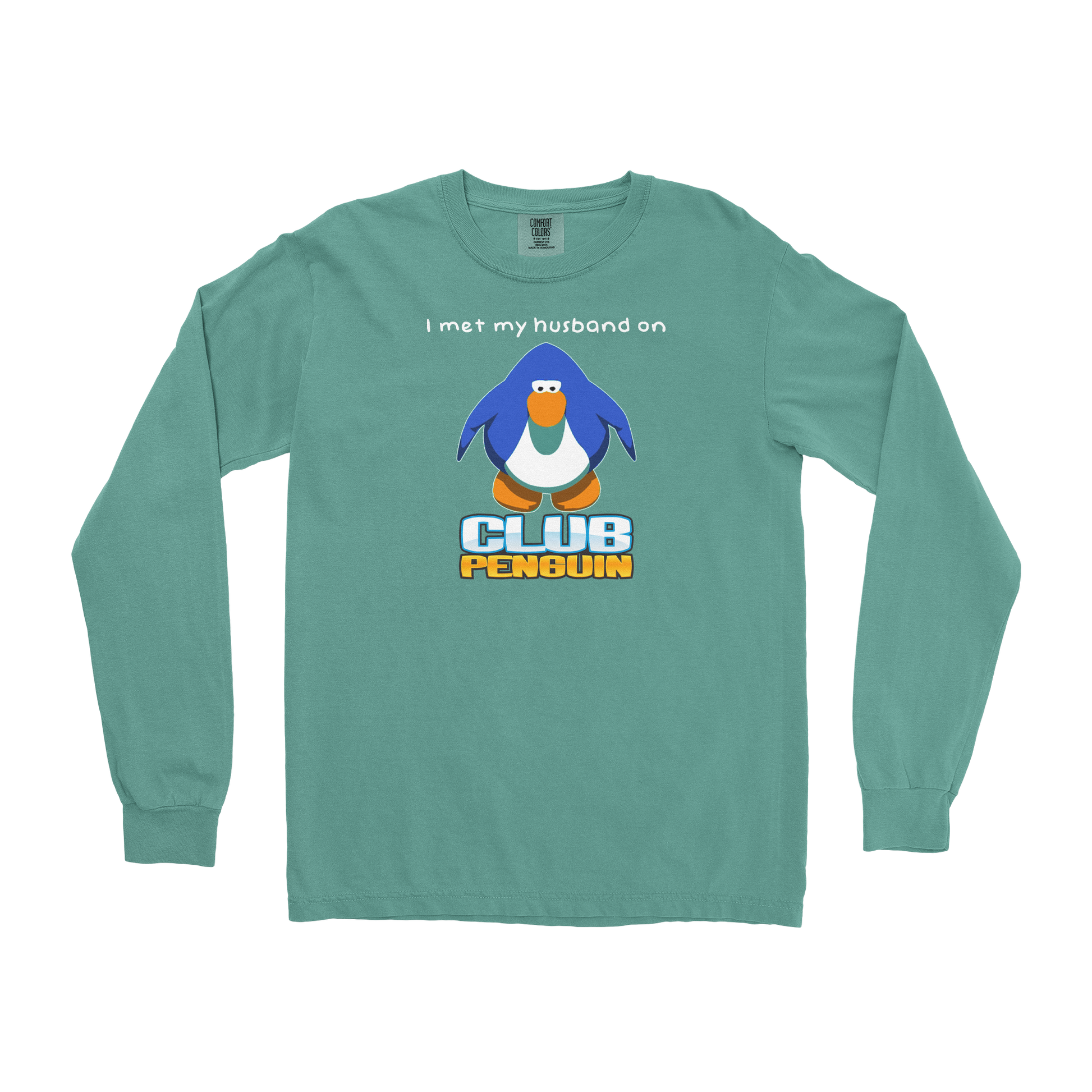 Comfort Colors Long Sleeve Club Penguin Husband  in Light-Green