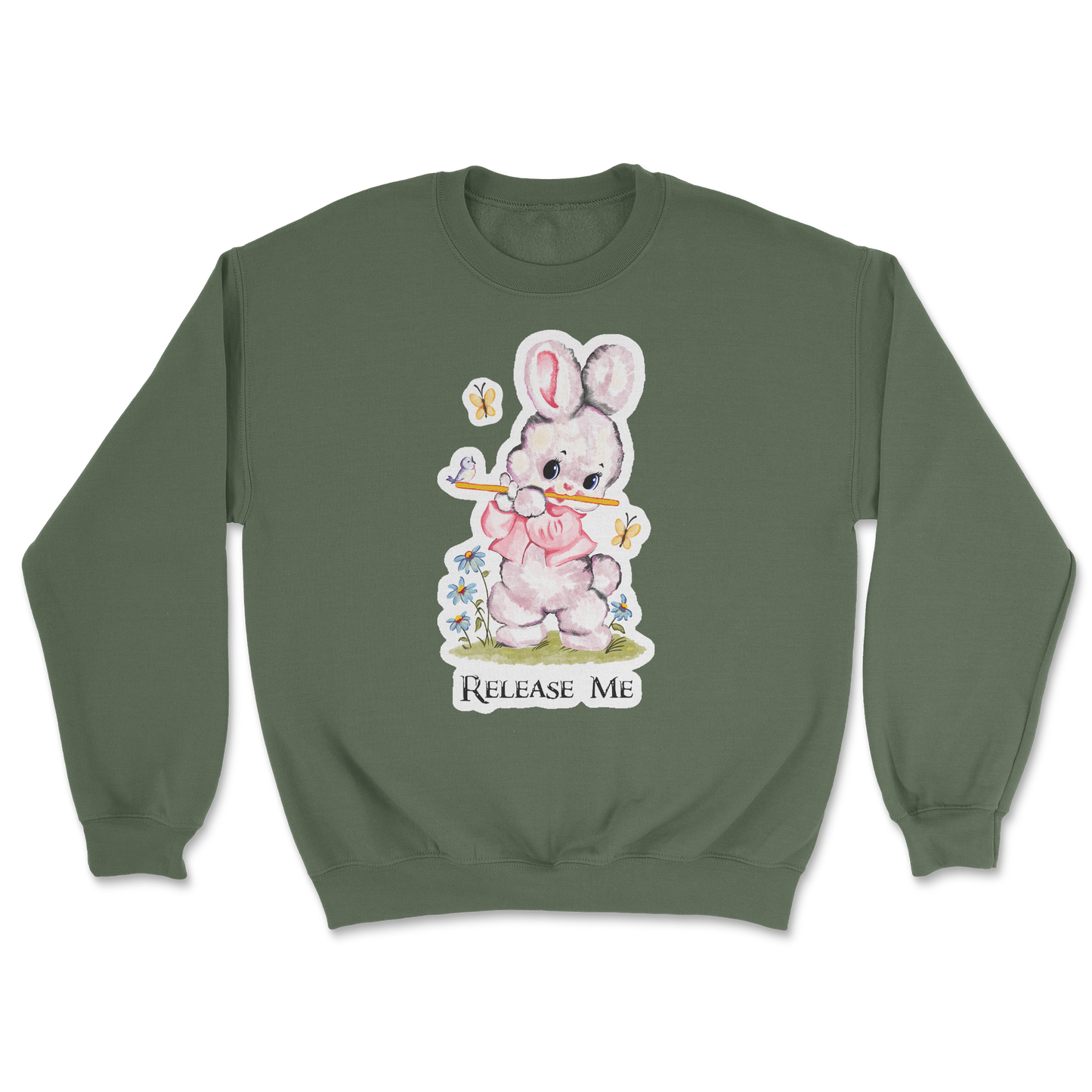 Heavy Blend Crew Neck Cute Bunny in Military Green