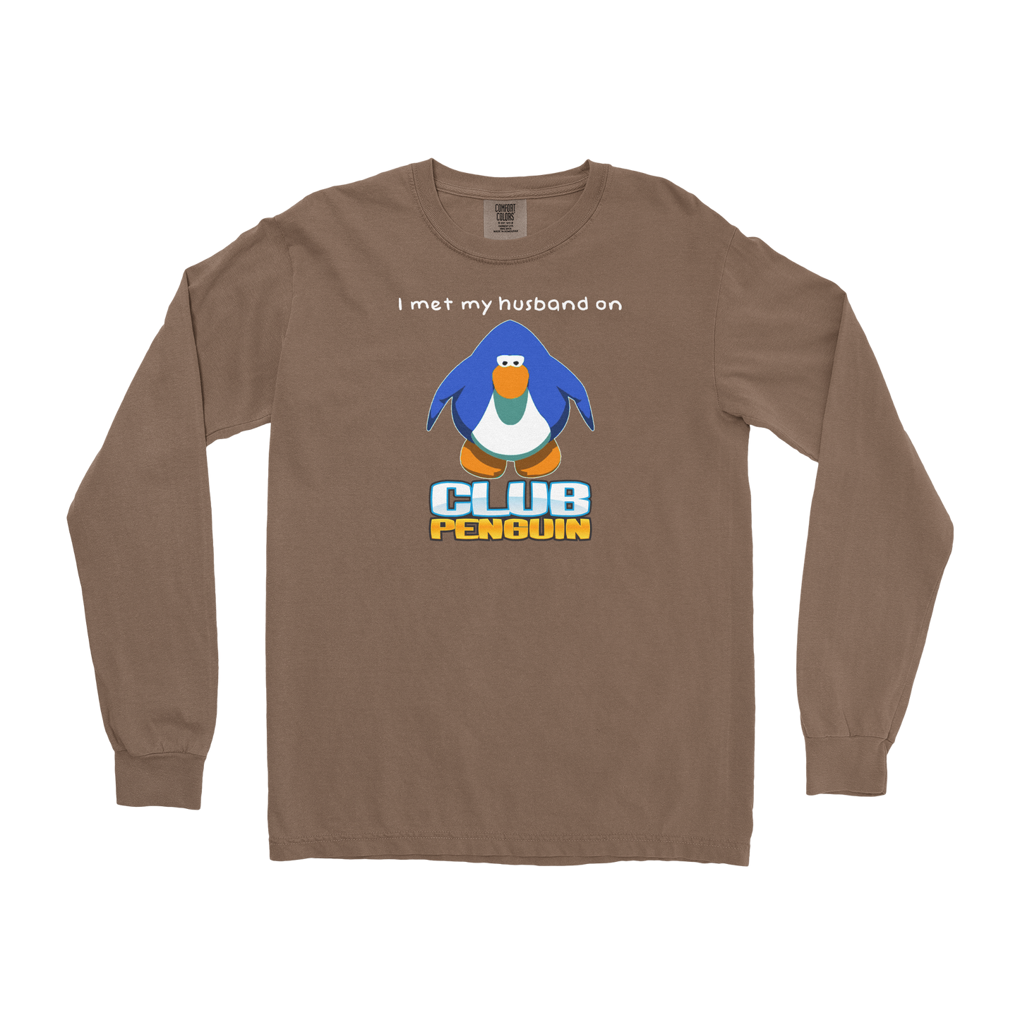 Comfort Colors Long Sleeve Club Penguin Husband  in Espresso