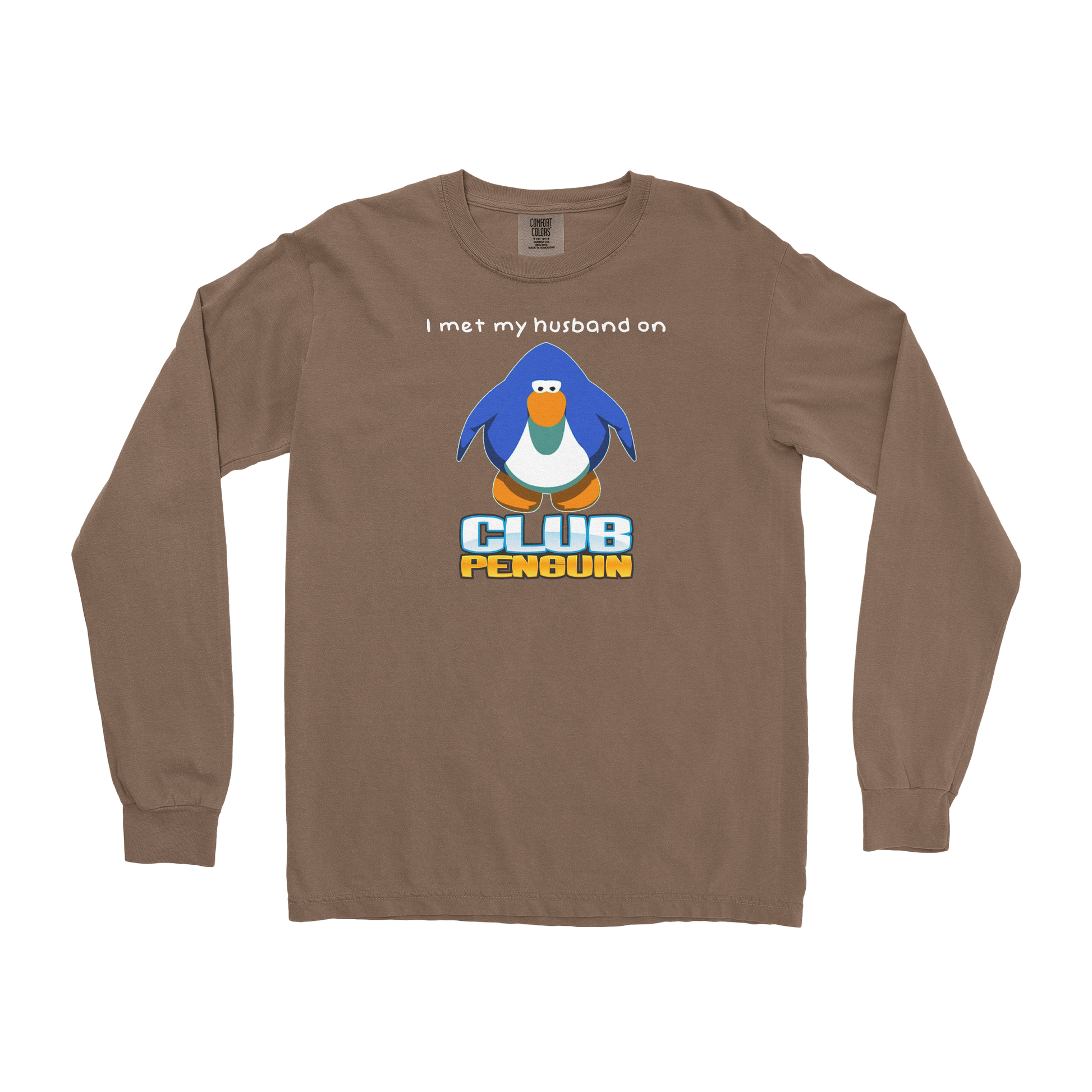 Comfort Colors Long Sleeve Club Penguin Husband  in Espresso