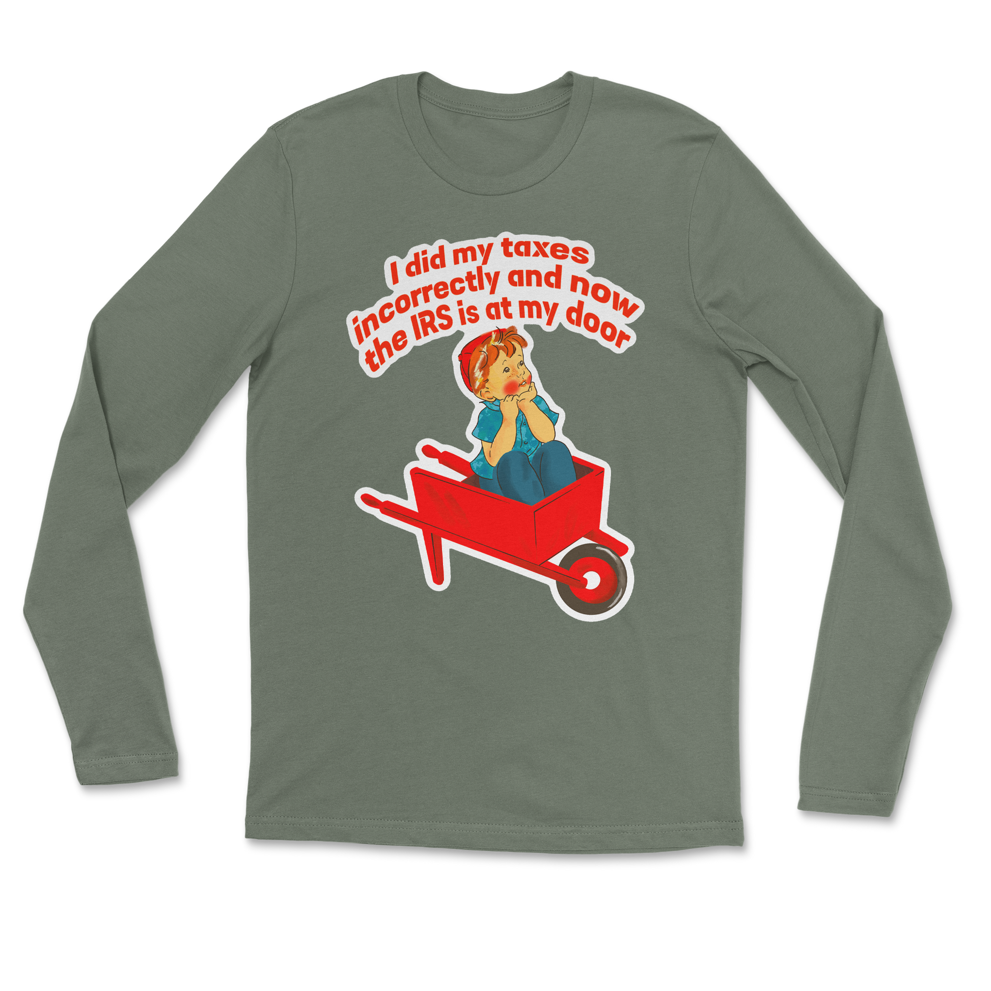 Heavy Blend Long Sleeve Here Comes the IRS in Military Green