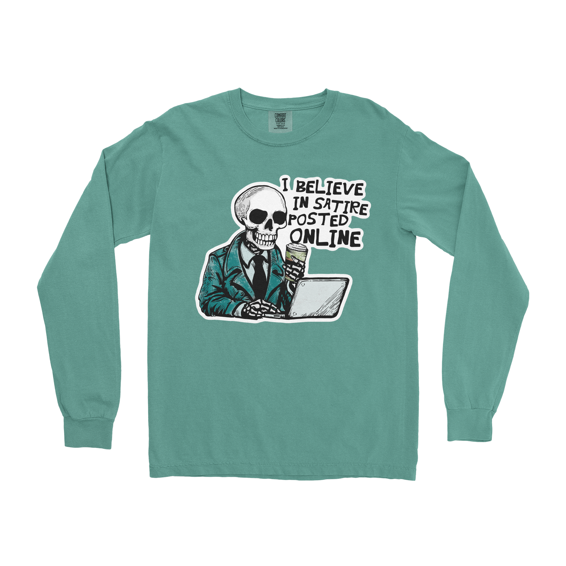 Comfort Colors Long Sleeve Believe in Satire in Light Green