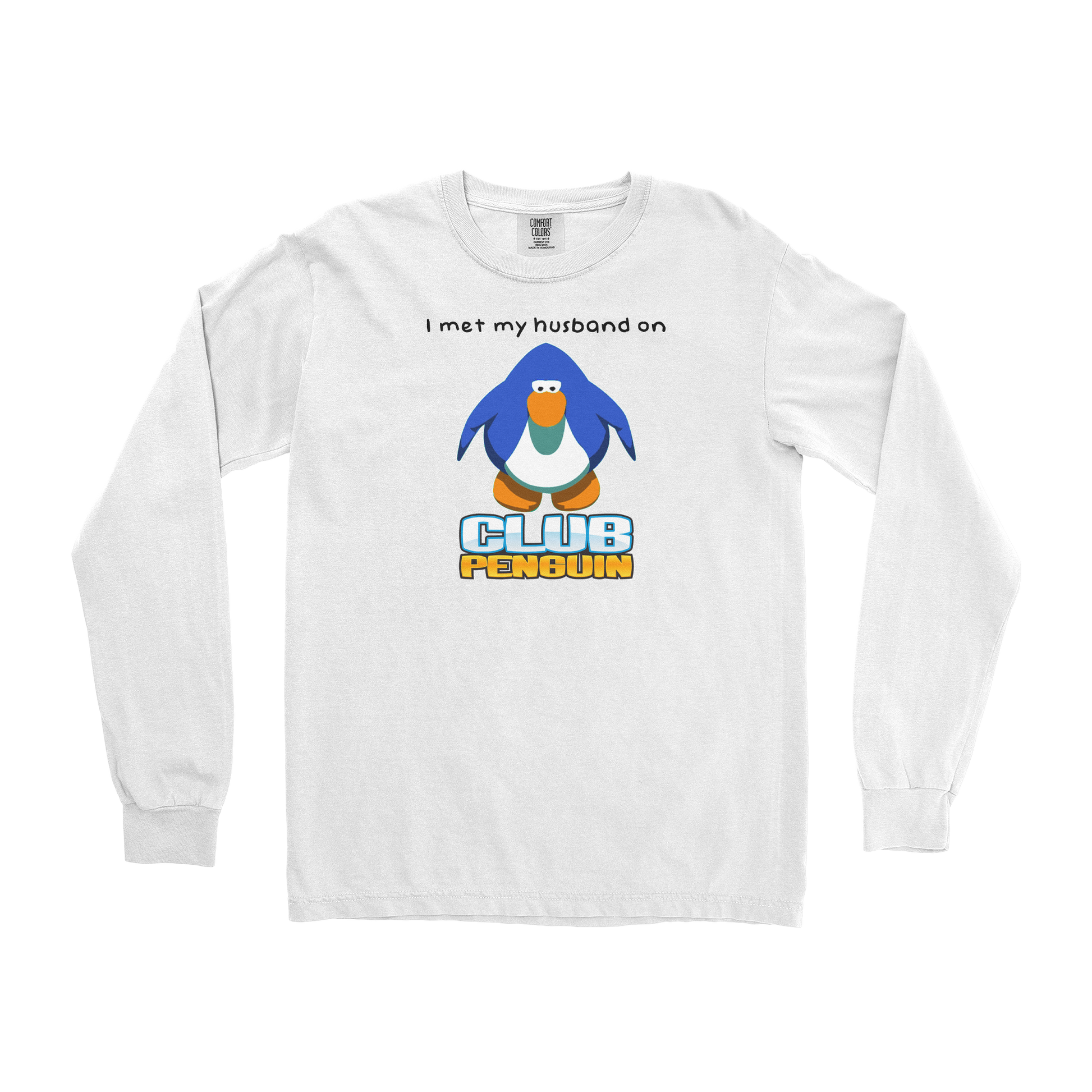 Comfort Colors Long Sleeve Club Penguin Husband  in White