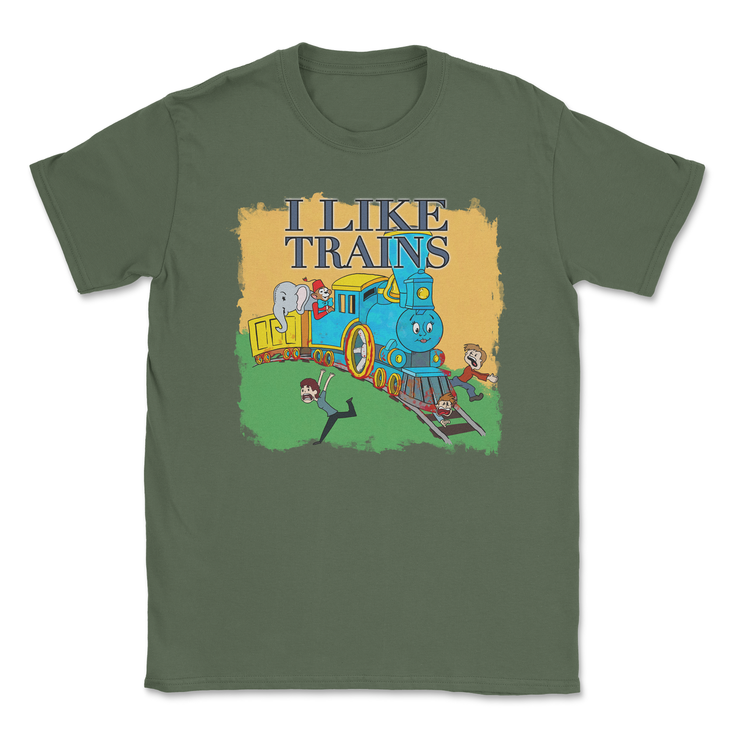 Heavy Blend T-Shirt I Like Trains in Military Green
