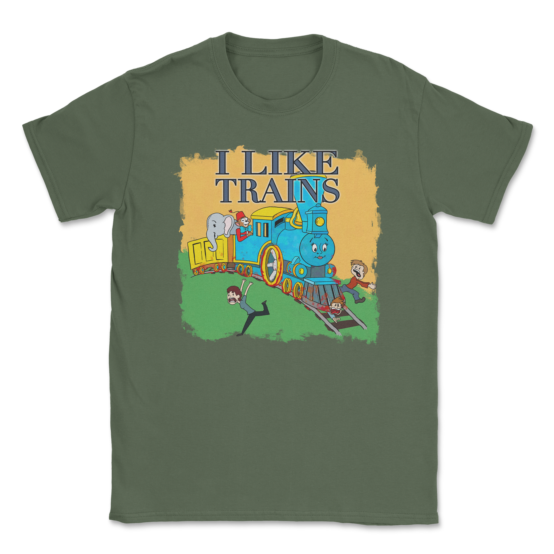 Heavy Blend T-Shirt I Like Trains in Military Green