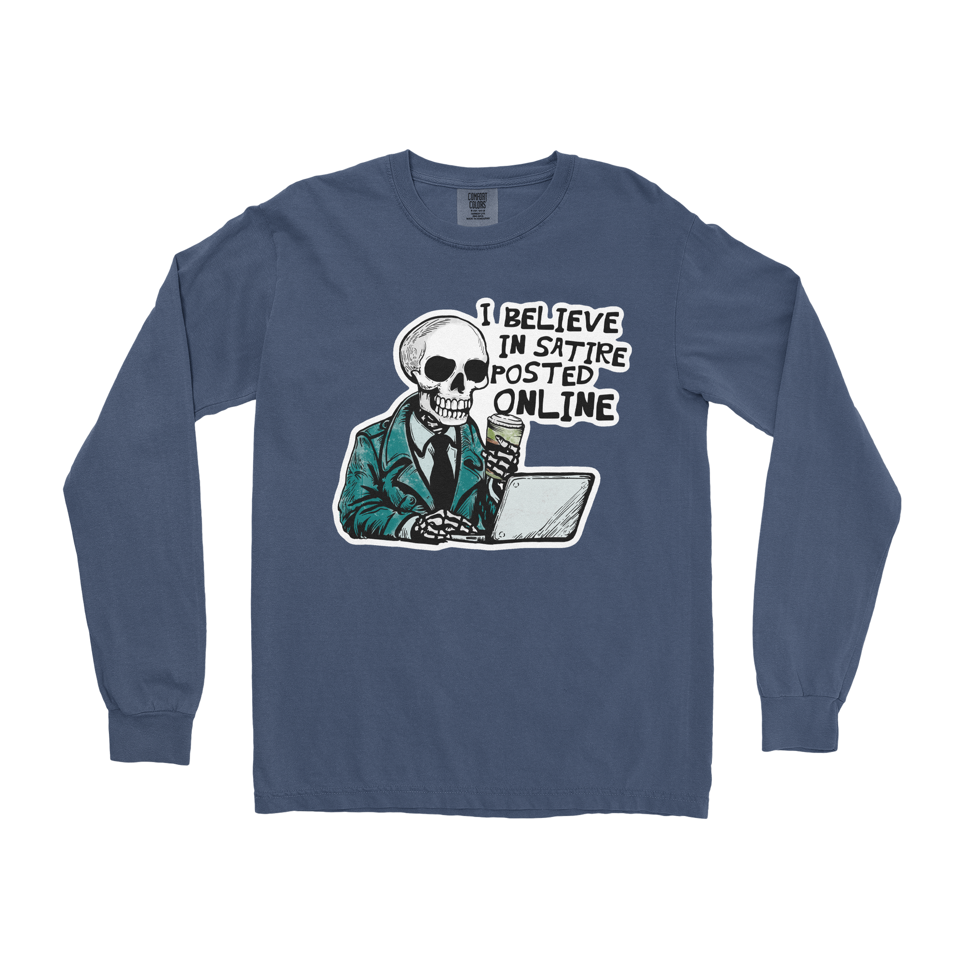 Comfort Colors Long Sleeve Believe in Satire in Midnight