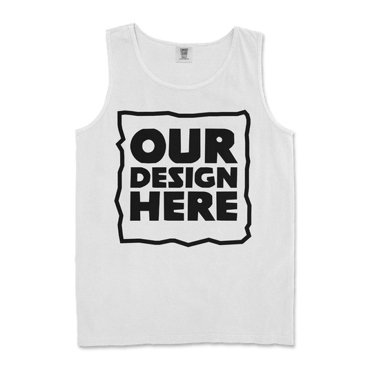 A white tank top with a placeholder text 'OUR DESIGN HERE' printed in the center.