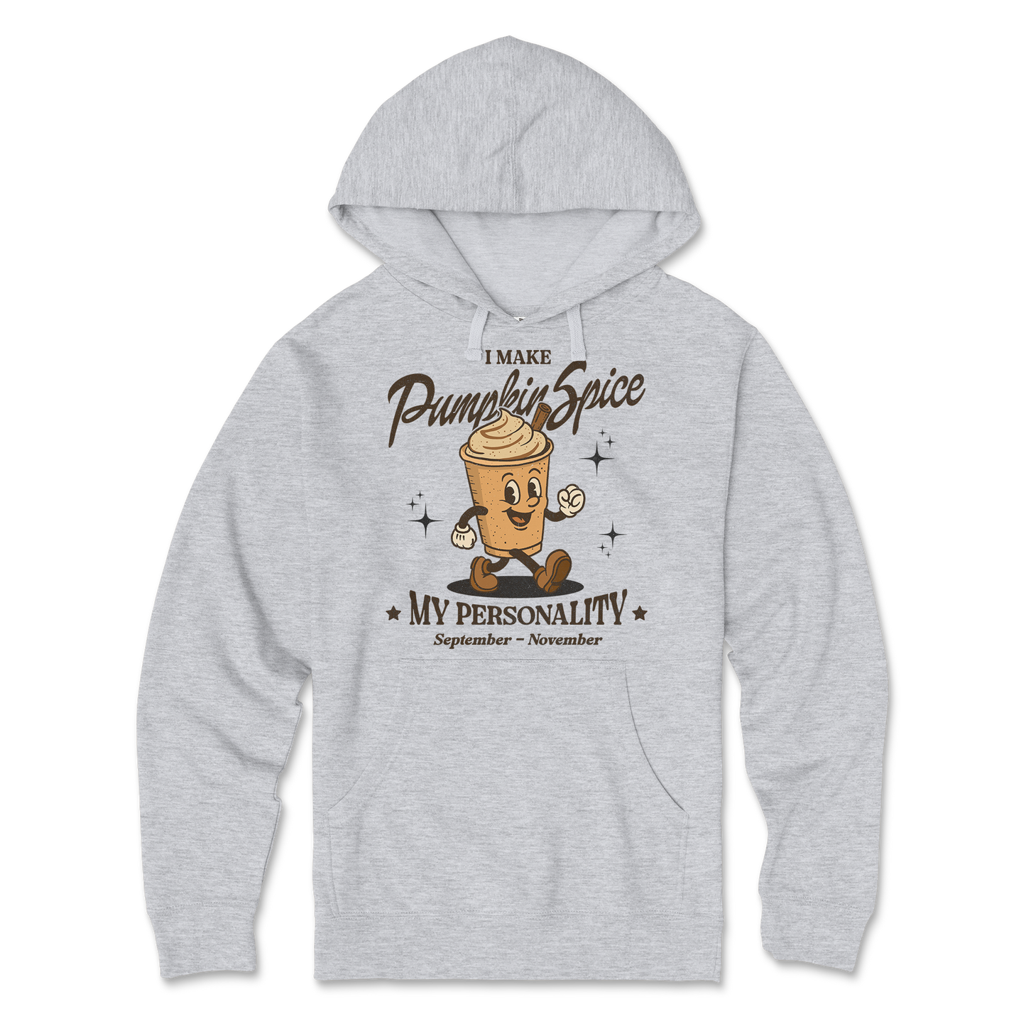 Gray hoodie with pumpkin spice-themed design on a white background