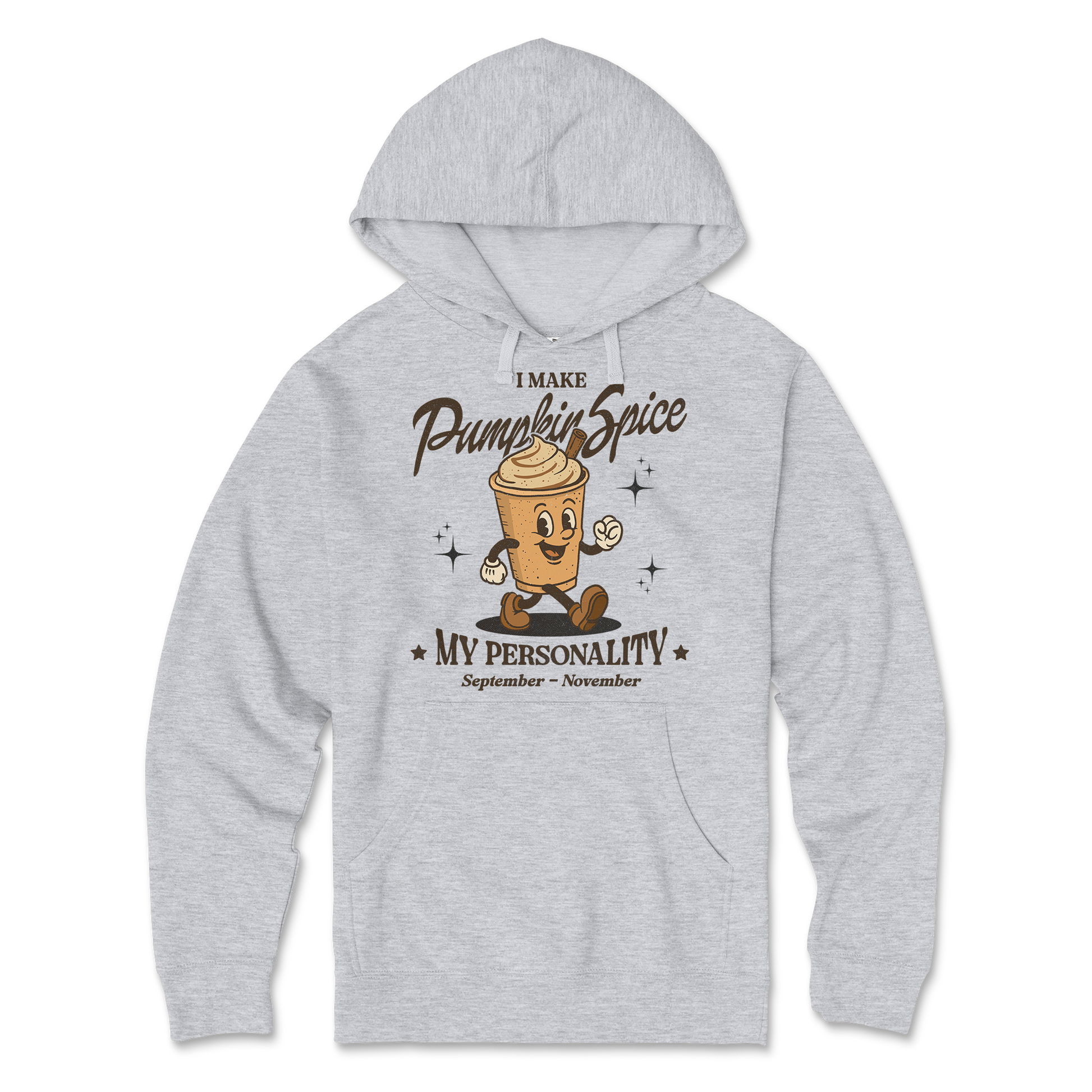 Gray hoodie with pumpkin spice-themed design on a white background