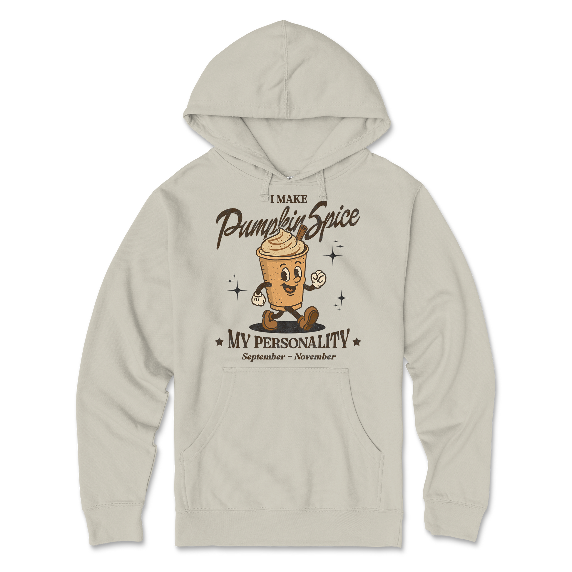 Ivory hoodie with pumpkin spice graphic on a white background