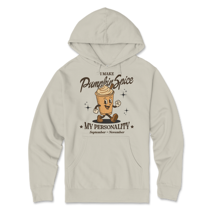 Ivory hoodie with pumpkin spice graphic on a white background