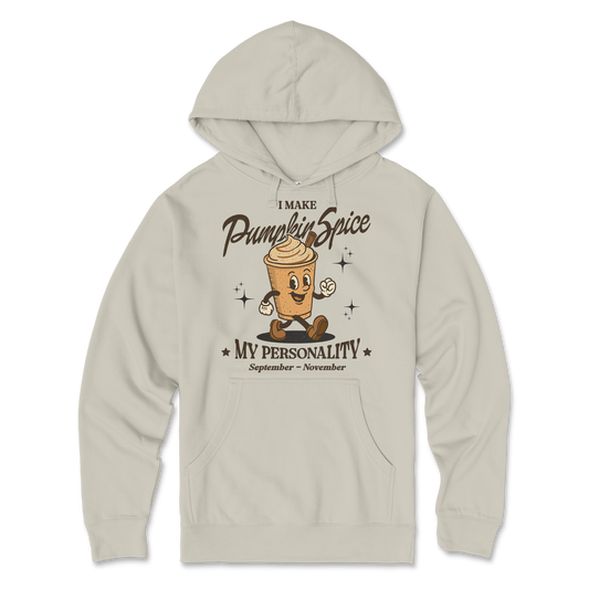 Ivory hoodie with pumpkin spice graphic on a white background