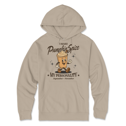 Sandstone hoodie with pumpkin spice-themed design on a white background