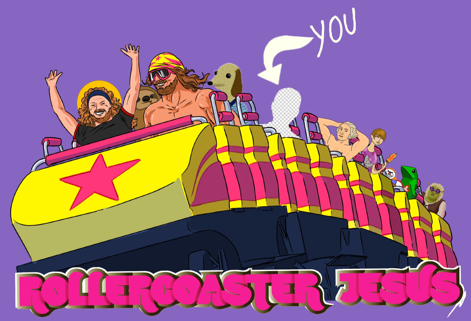 Cartoon illustration of a rollercoaster with people on it, featuring the text 'Rollercoaster Jesus' on a purple background.