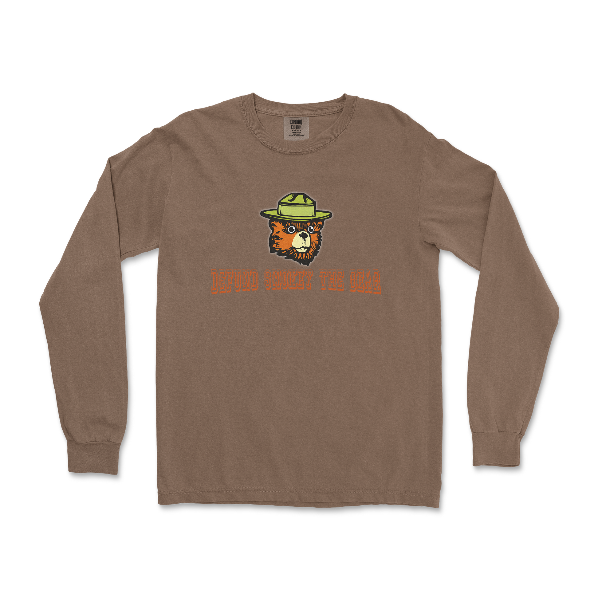 Comfort Colors Long Sleeve Defund Smokey Bear in Espresso