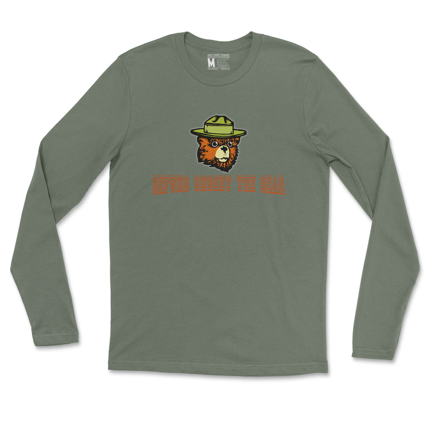 Heavy Blend Long Sleeve Defund Smokey Bear in Military Green