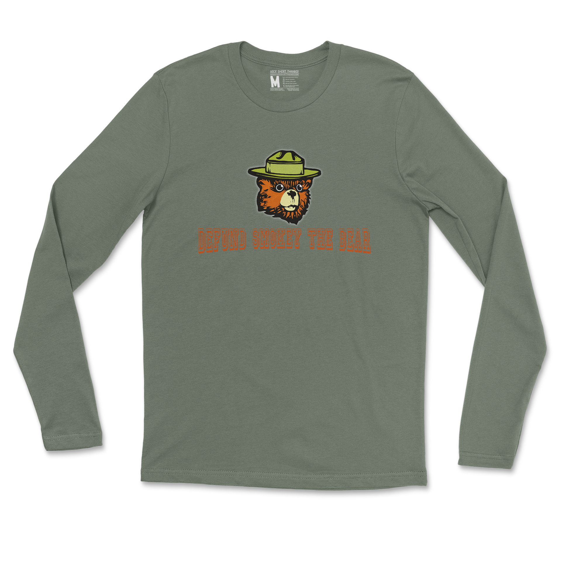 Heavy Blend Long Sleeve Defund Smokey Bear in Military Green