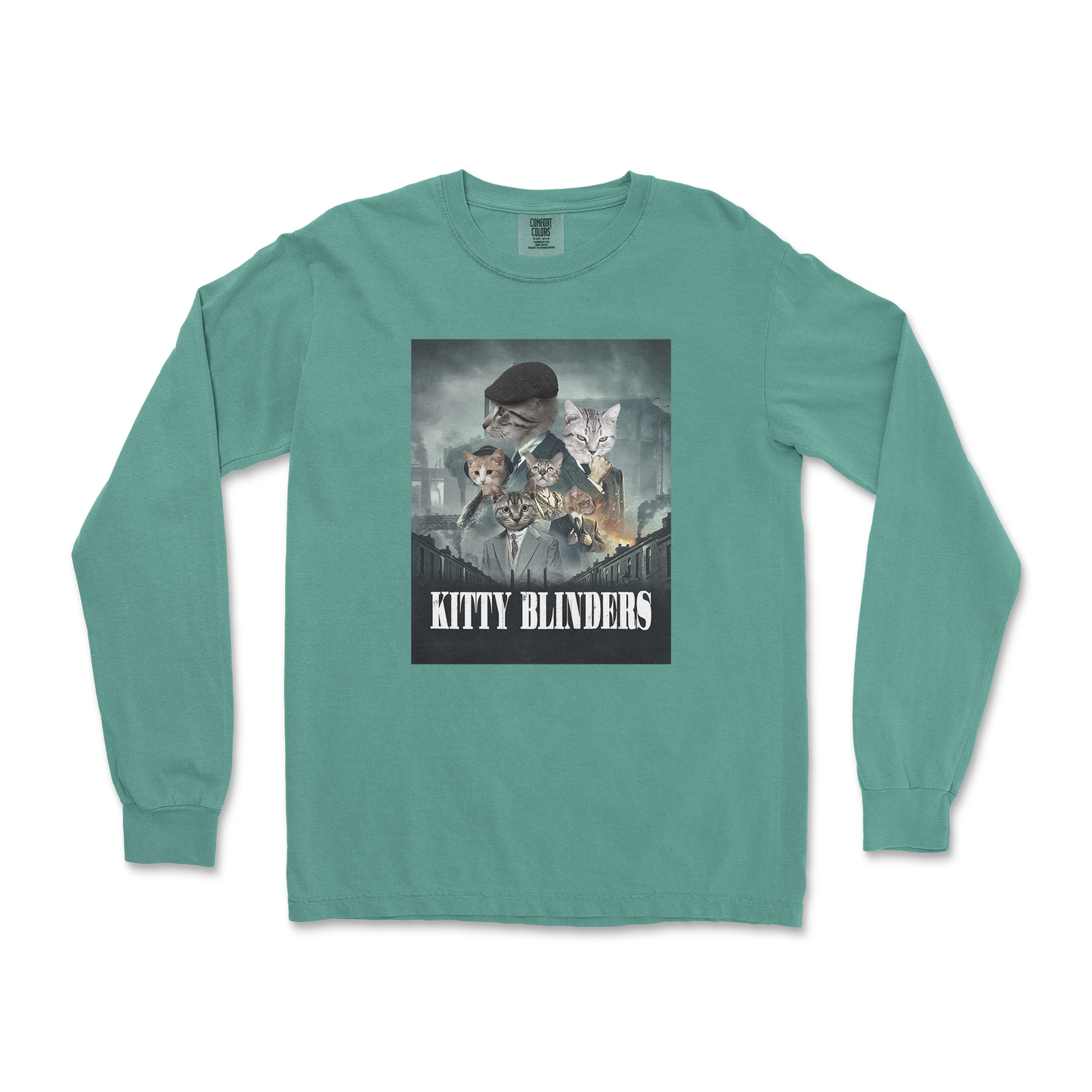 Comfort Colors Long Sleeve Kitty Blinders in LightGreen