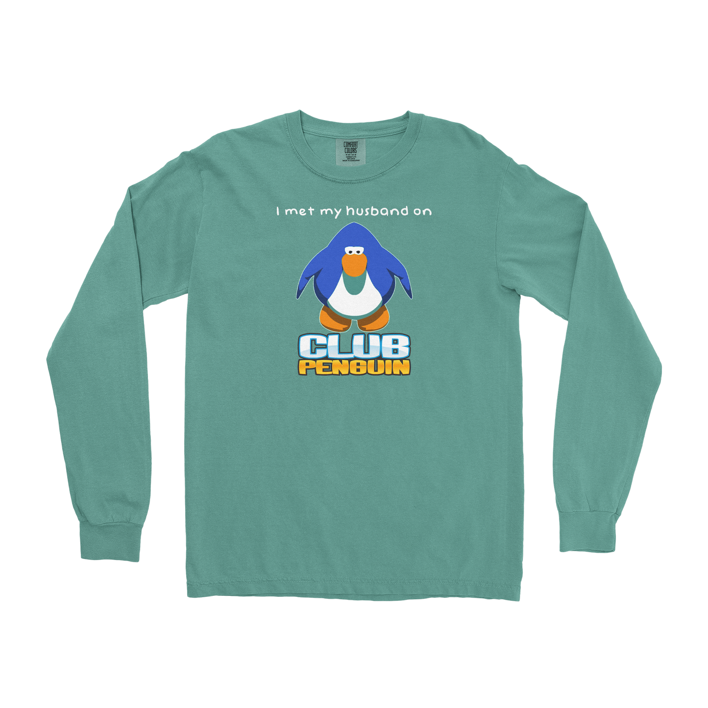 Comfort Colors Long Sleeve Club Penguin Husband  in Light-Green