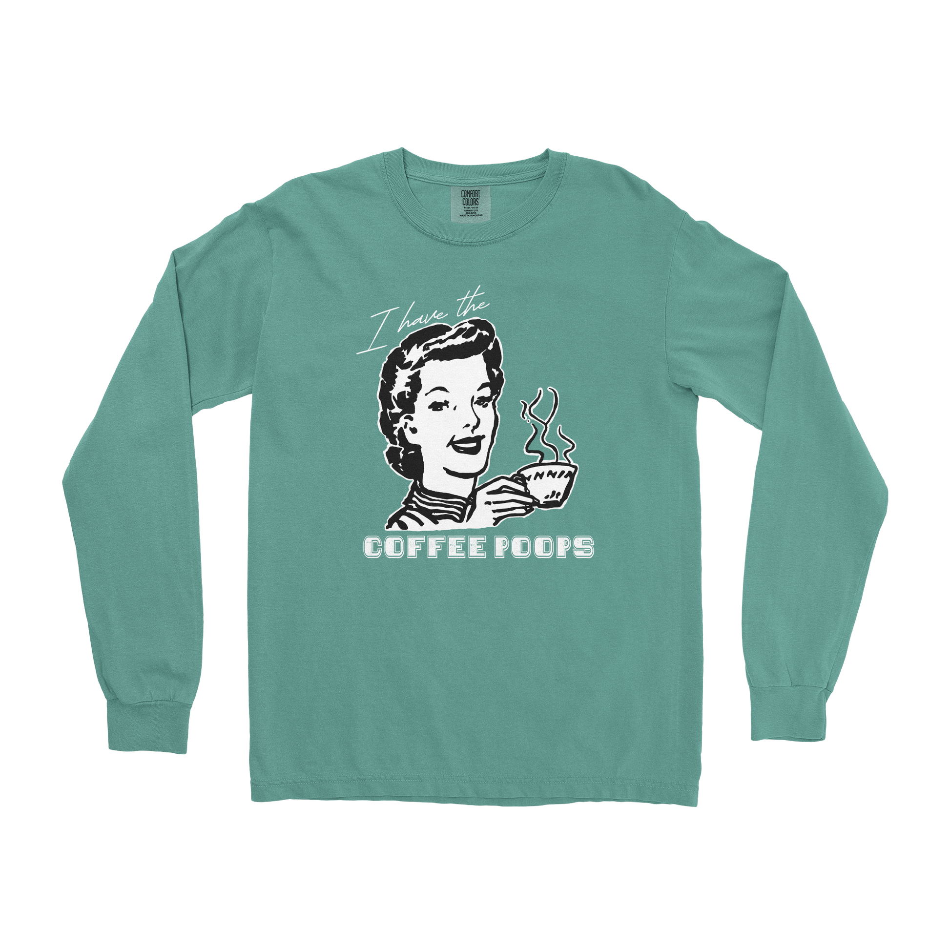 Comfort Colors Long Sleeve Coffee Poops  in Light-Green