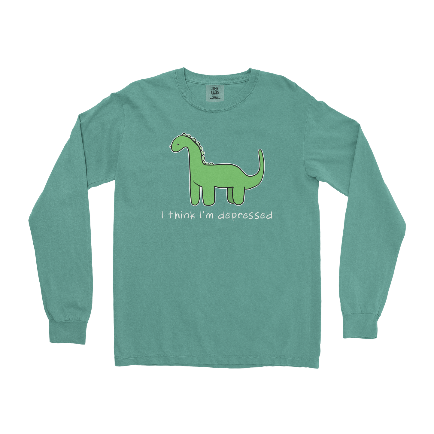 Comfort Colors Long Sleeve Depressed Dino  in Light-Green