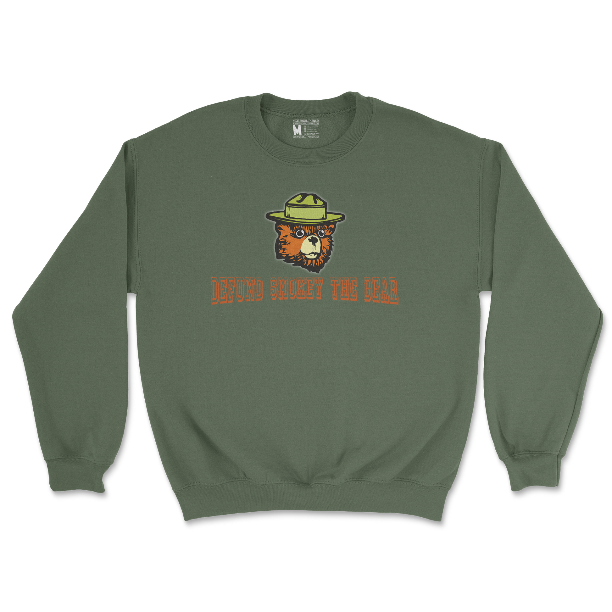 Heavy Blend Crew Neck Defund Smokey Bear in Military Green