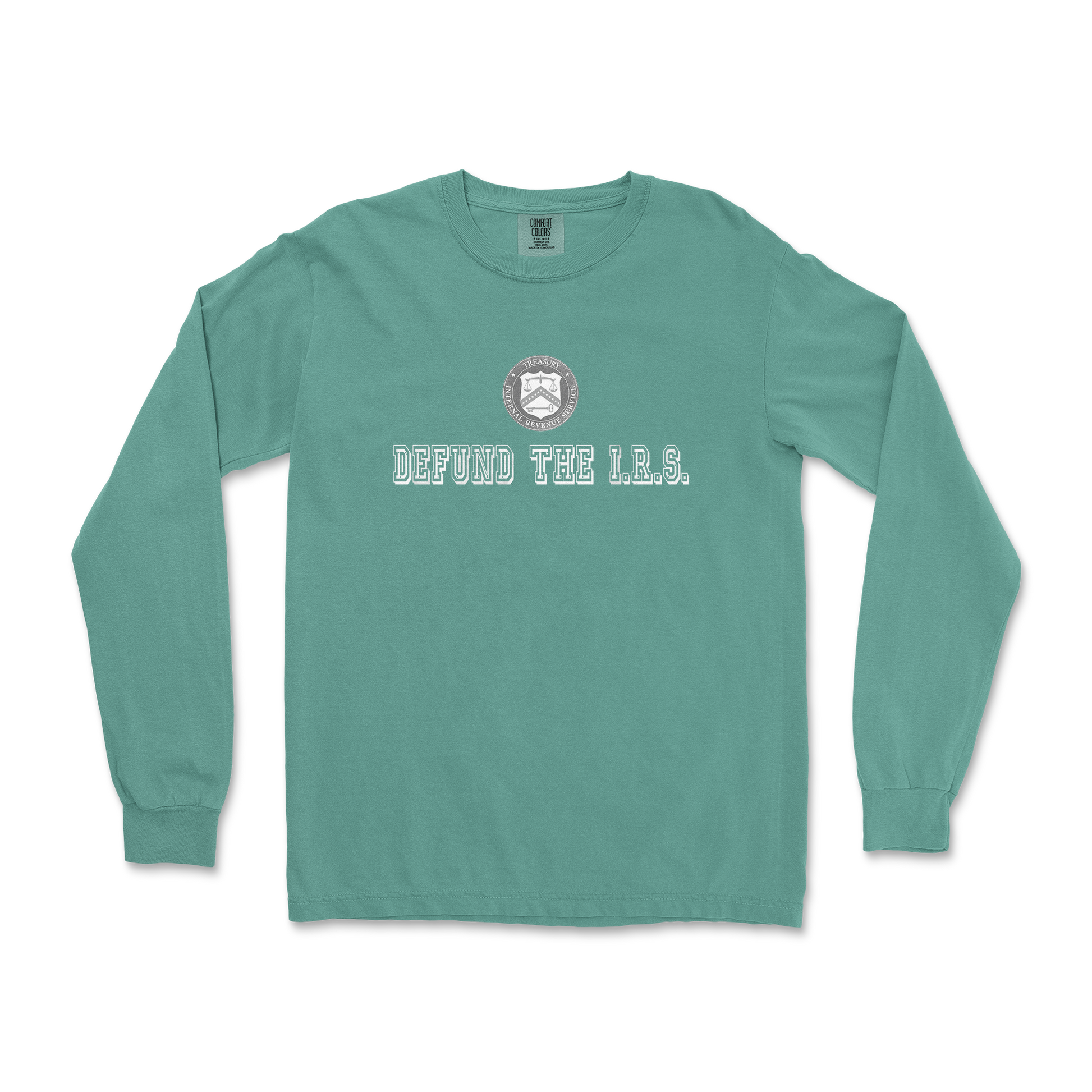 Comfort Colors Long Sleeve Defund The I.R.S. in LightGreen