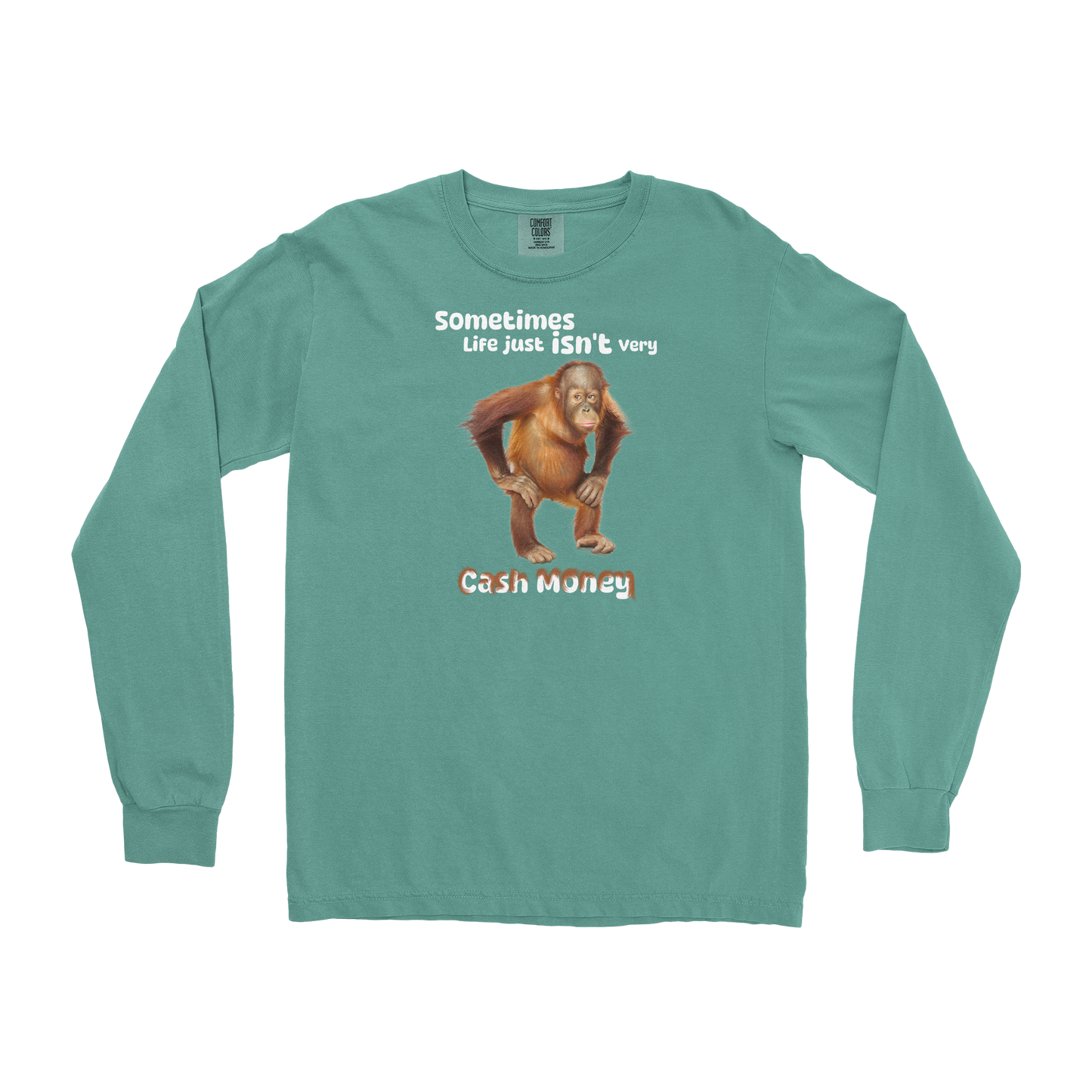 Comfort Colors Long Sleeve Cash Money Monkey  in Light-Green