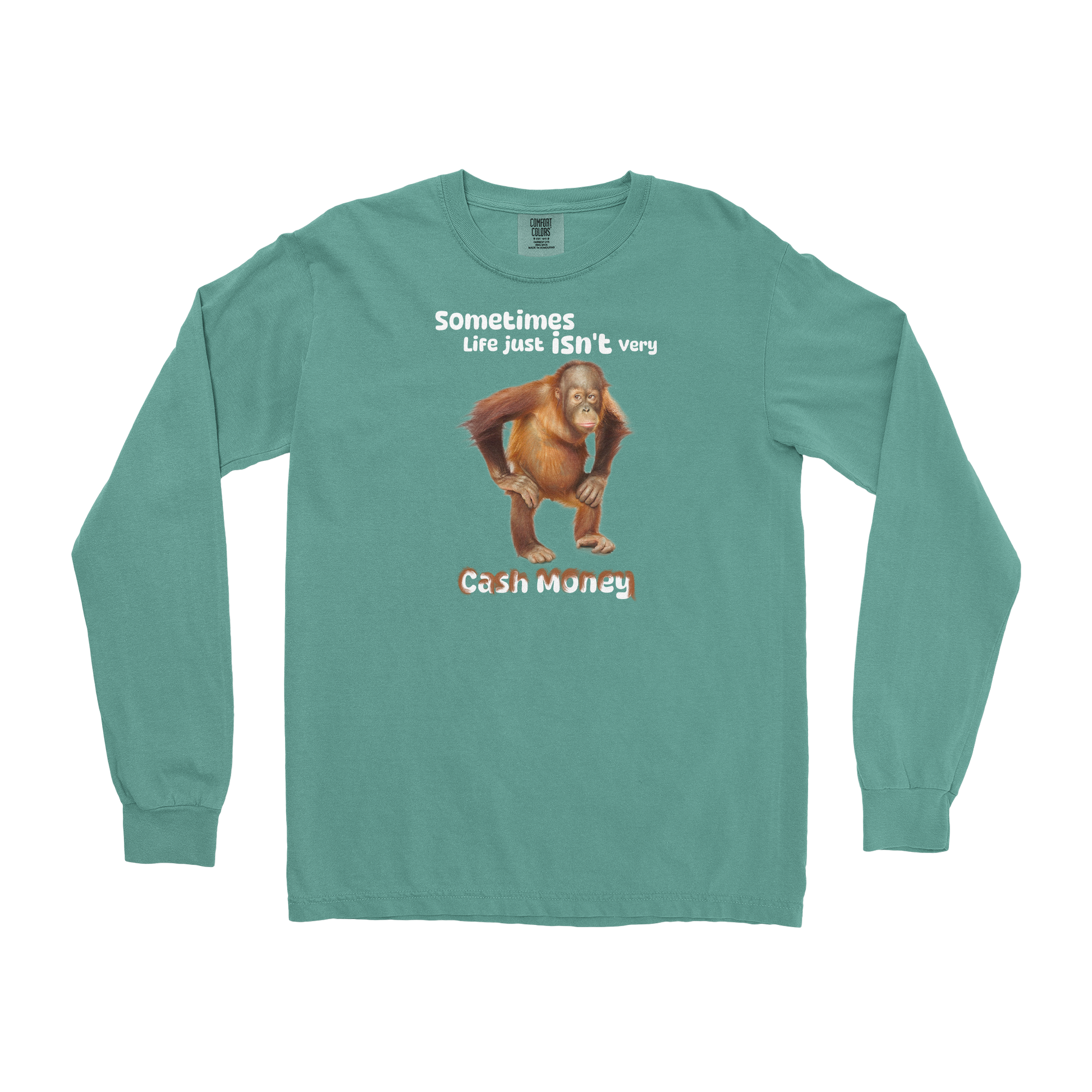 Comfort Colors Long Sleeve Cash Money Monkey  in Light-Green