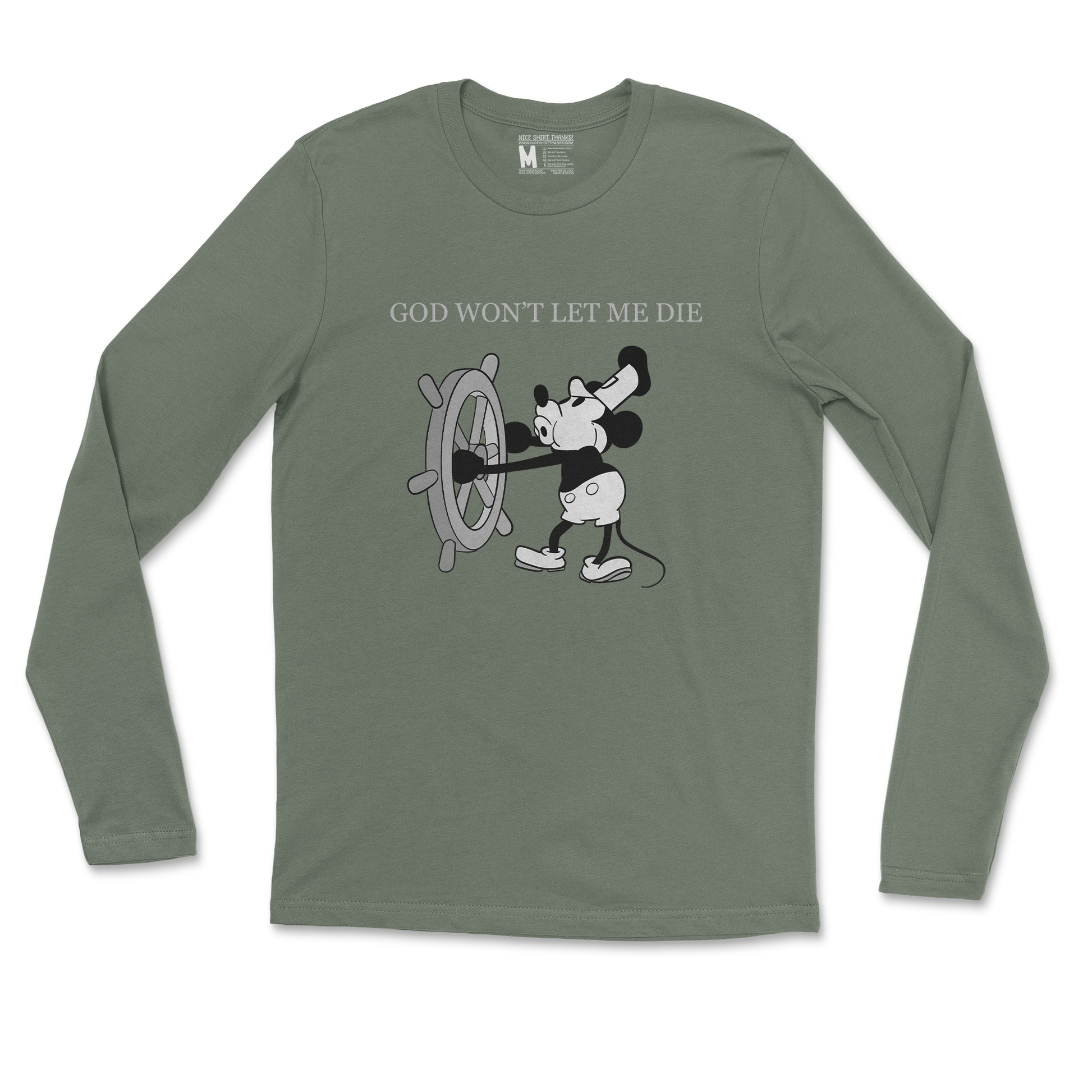 Gildan SoftStyle Long Sleeve God Wont Let Me Die in Military Green