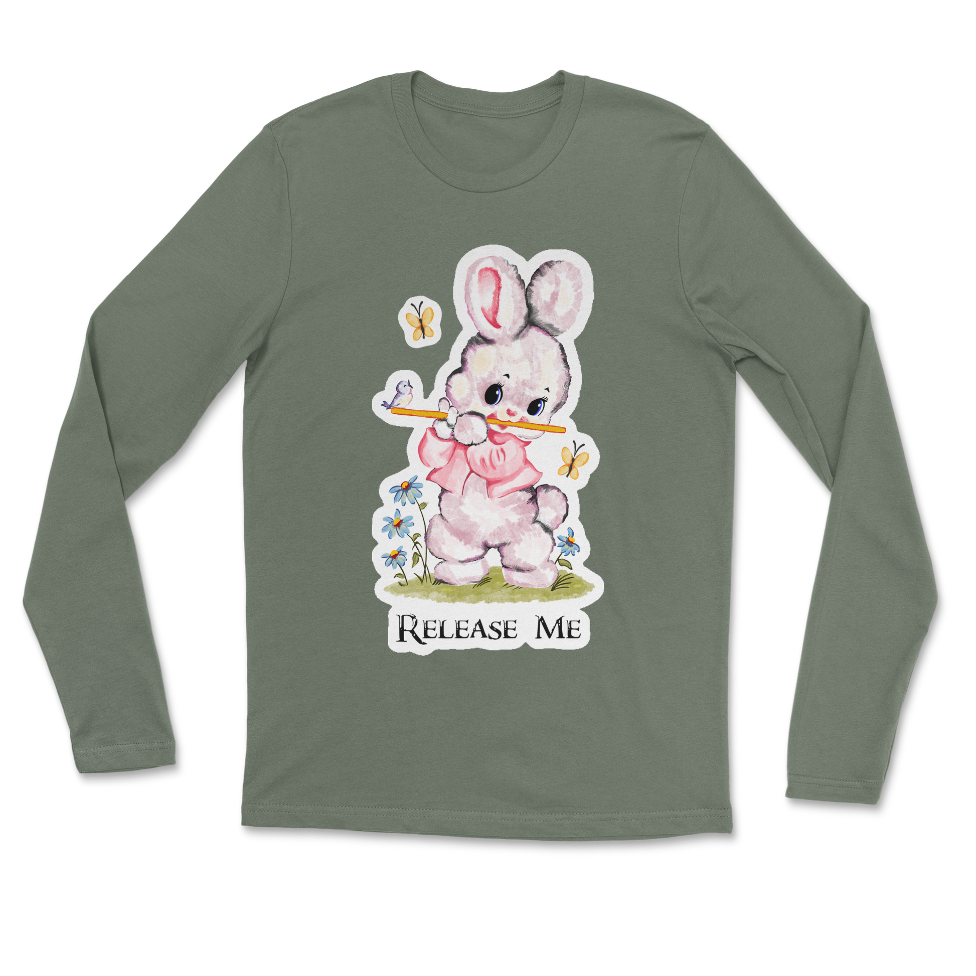 Heavy Blend Long Sleeve Cute Bunny in Military Green